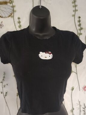 Hello Kitty Black Crop Top  White Embroidered Face , Red Bow Classic Doll Kill